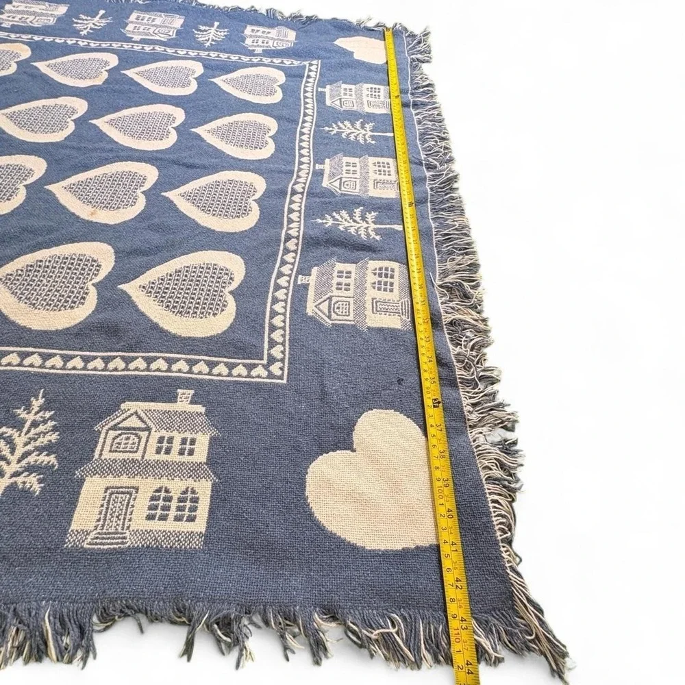 Vintage 90s Farmhouse Cottagecore Fringe Heavy Throw Blanket Country Blue